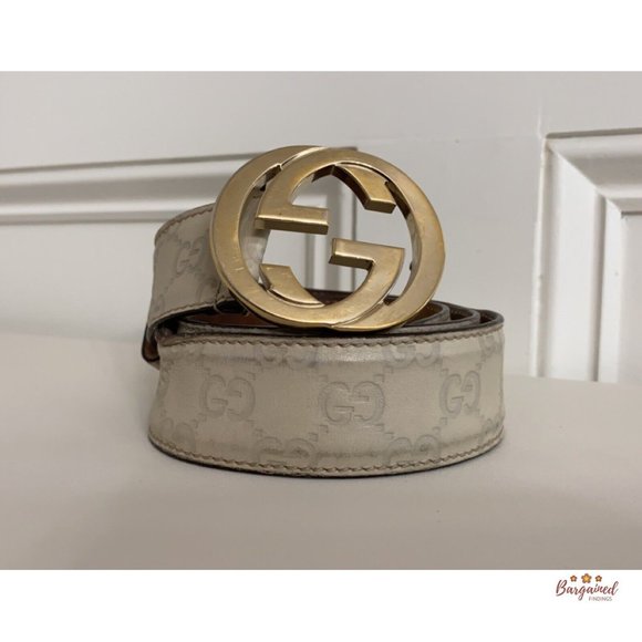 Authentic Gucci Cream Guccissima Leather Gold Interlocking G Buckle Belt 85/34 - Picture 12 of 13